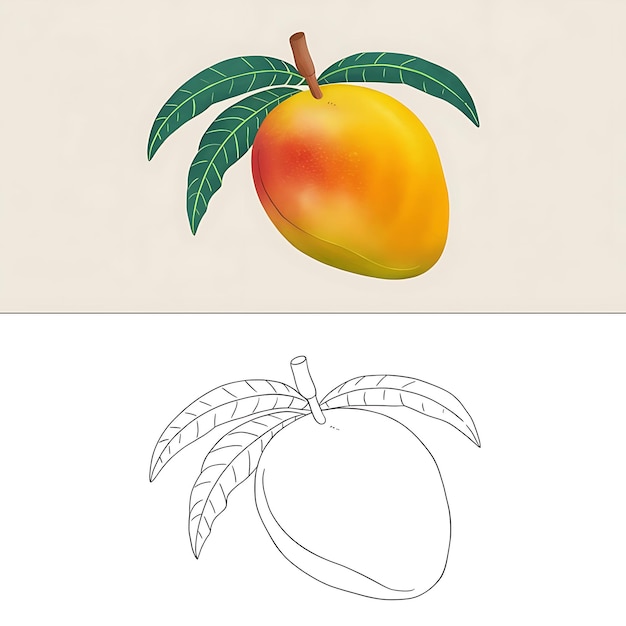 Mango with Leaves Illustration for Coloring Pages