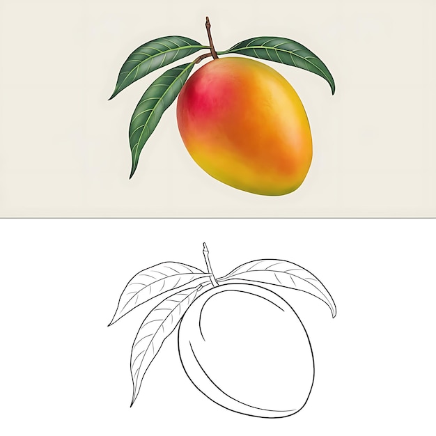 Mango with Leaves Illustration for Coloring Pages