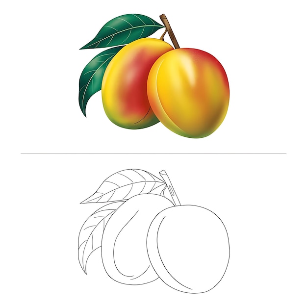 Mango with Leaves Illustration for Coloring Pages