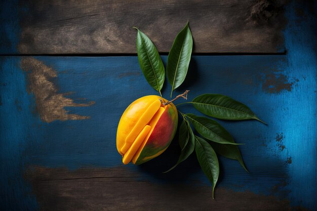 Mango on a wood backdrop that is blue looking up No cost copy space