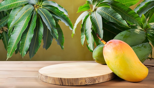 A mango and a wooden cutting board sit on a wooden table.