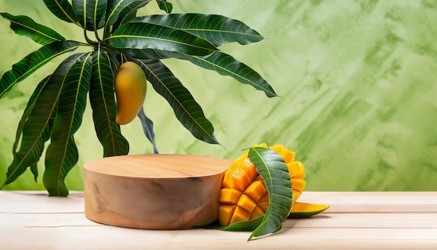 A mango on a wooden table next to a tree with a green background.