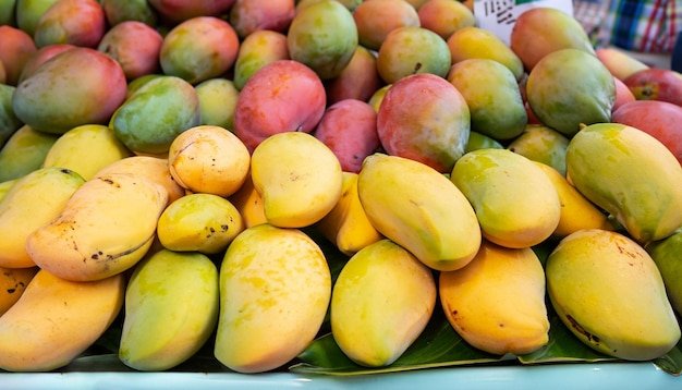 Mangoes are displayed at a market.