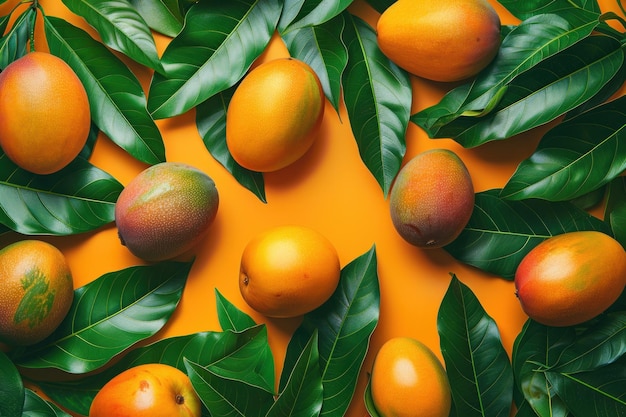 Mangoes and Green Leaves on a Yellow Background