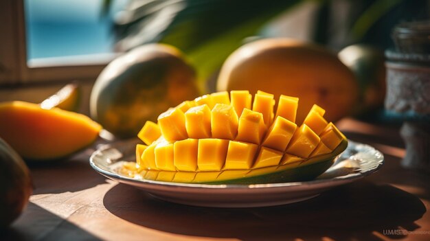 Mangoes on a plate with a few mangoes on the table