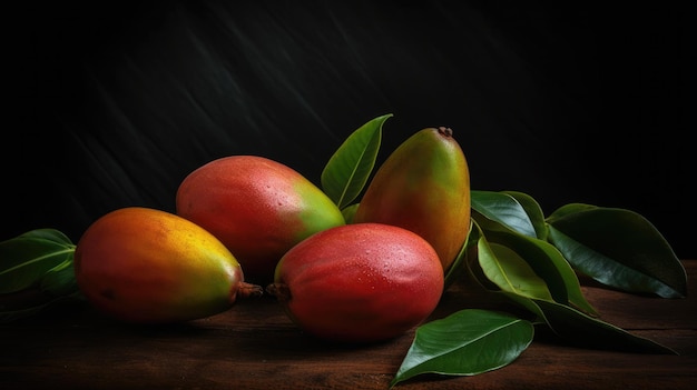 Mangoes on a table with leaves on the table