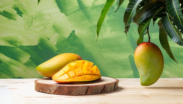 Mangoes on a wooden table with a plant in the background