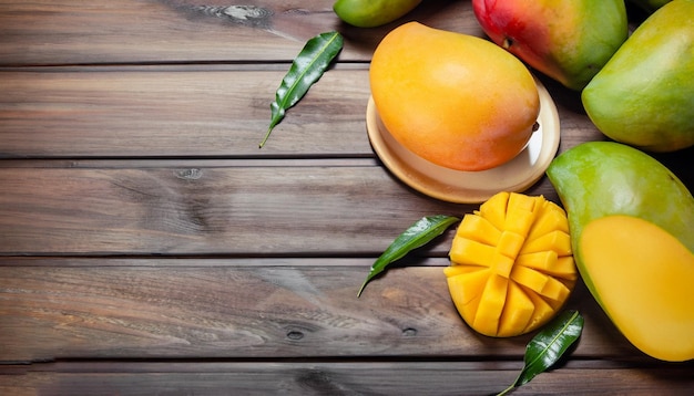 Mangoes on a wooden table with a wooden background