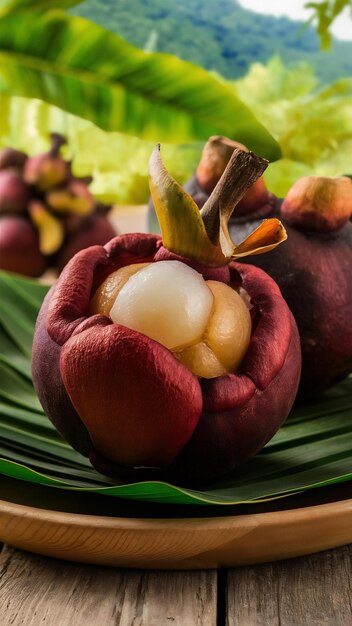 Photo mangosteen thai popular fruits a tropical fruit with sweet juicy white segments of flesh inside a