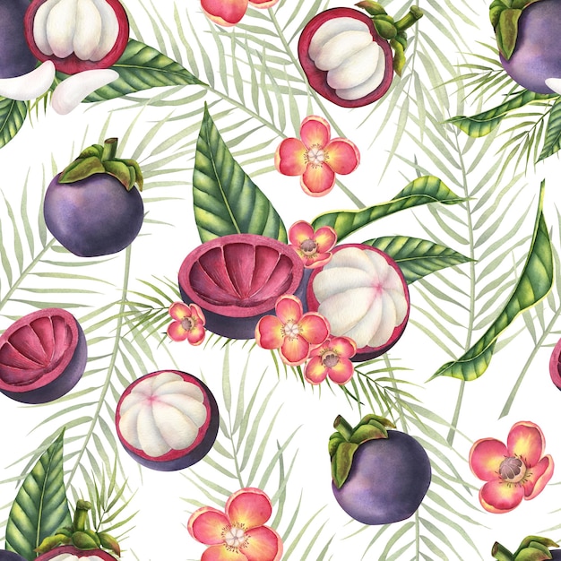 Mangosteen watercolor seamless Pattern Hand drawn background with exotic tropical Fruits with flowers and palm leaves for wrapping paper or textile design drawing of thai food for product label