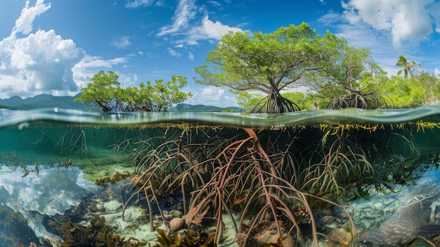 Photo mangrove diversity a wideangle shot capturing a diverse array of mangrove species thriving in an intertidal zone showing the dense root systems submerged in water