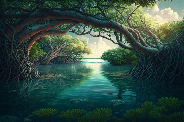 Mangrove forest Fantasy art wallpaper image Ai generated art