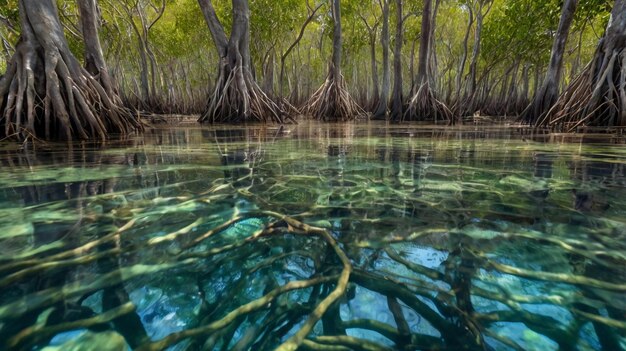 Photo a mangrove forest with roots that are under water