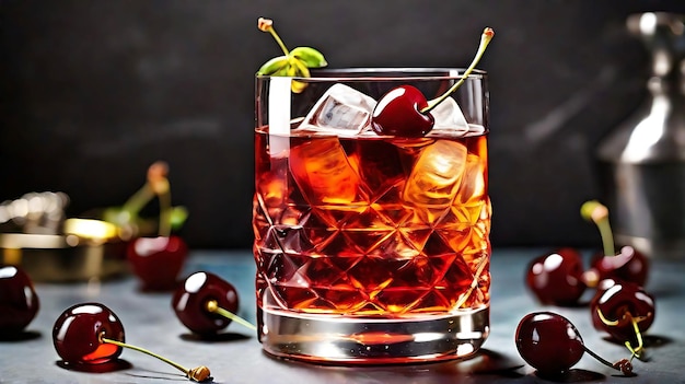 Manhattan cocktail with red vermouth vodka bitters cherries and ice fresh drink