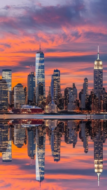 Manhattan over hudson river new york city skyline panorama with skyscrapers at dusk