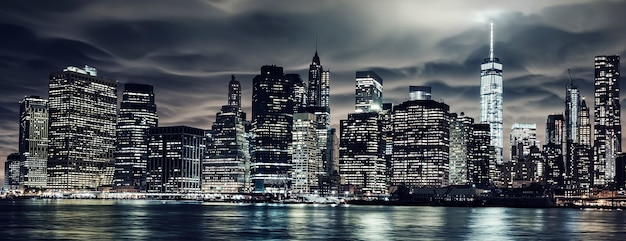 Manhattan at night, New York City. View from Brooklyn