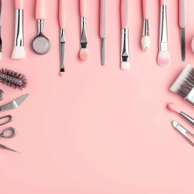 Photo manicure and pedicure tools arranged on a pink background highlighting beauty treatment with