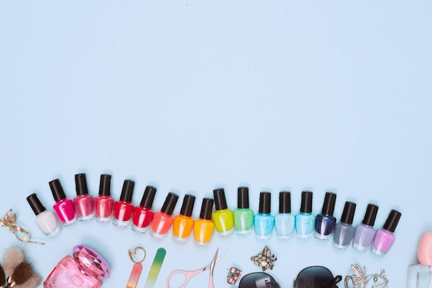 manicure with nail polish, pedicure on white background