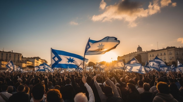 Manifestation in support of Israel People with Israeli flags on the square