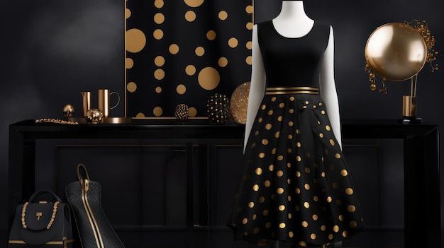 A mannequin in a black dress stands in front of a black backdrop with gold and black dots.