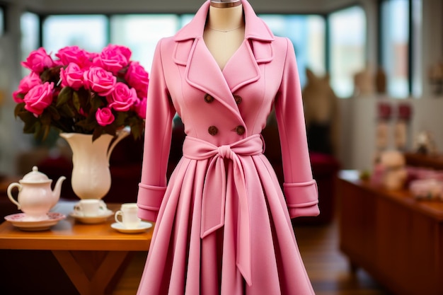 Mannequin dressed in pink coat and dress Generative AI