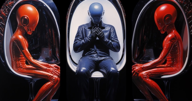 Mannequin dressed in red and black sitting in front of a mirror