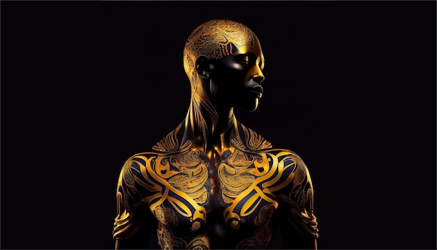 A mannequin face with fractal pattern on black background