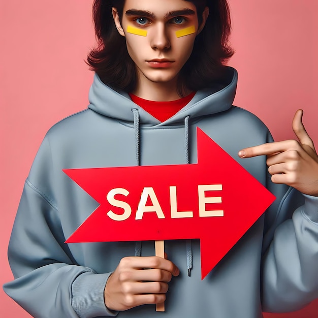 a mannequin holds a red arrow that says sale on it