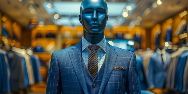 A mannequin is displayed in a store window dressed in a fitted blue suit and tie The formal attire showcases the style and sophistication of mens fashion