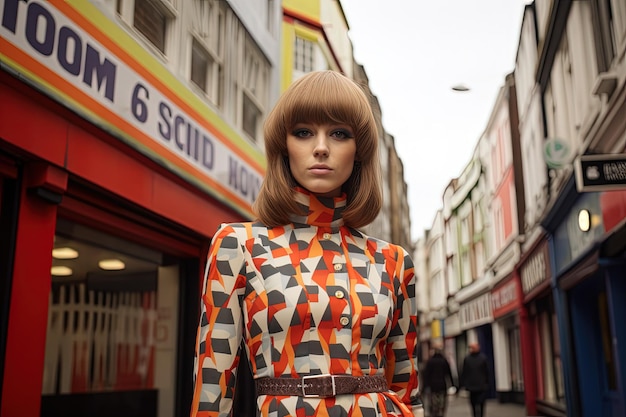 A mannequin is dressed in a colorful dress