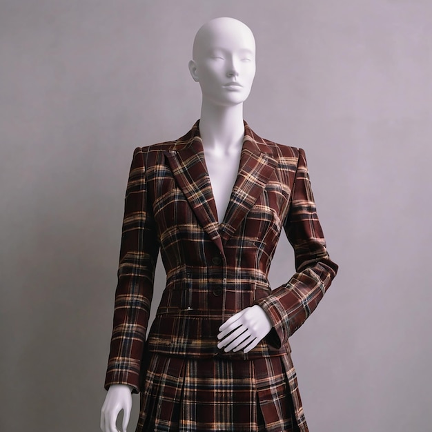 A mannequin stands wearing a womens suit and skirtno