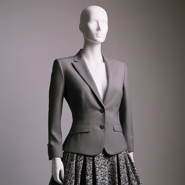 A mannequin stands wearing a womens suit and skirtno