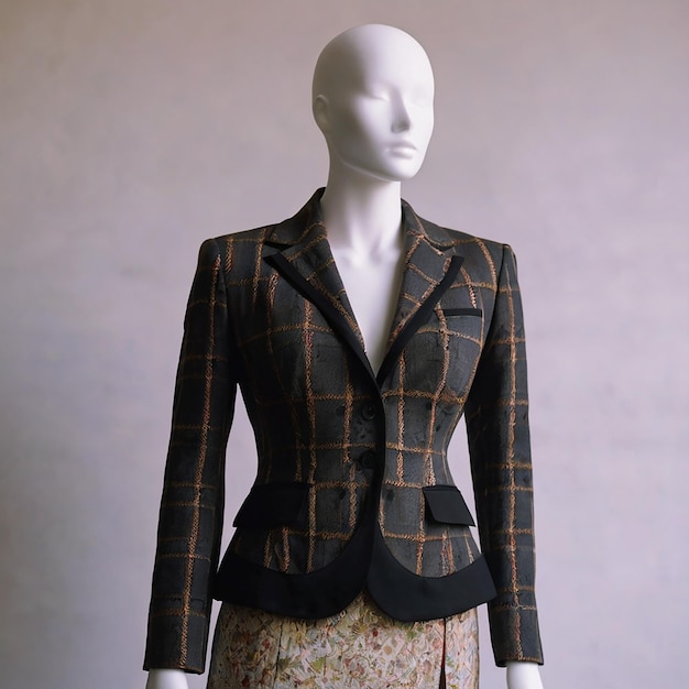 A mannequin stands wearing a womens suit and skirtno