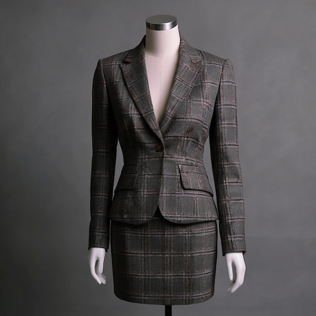 A mannequin stands wearing a womens suit and skirtno