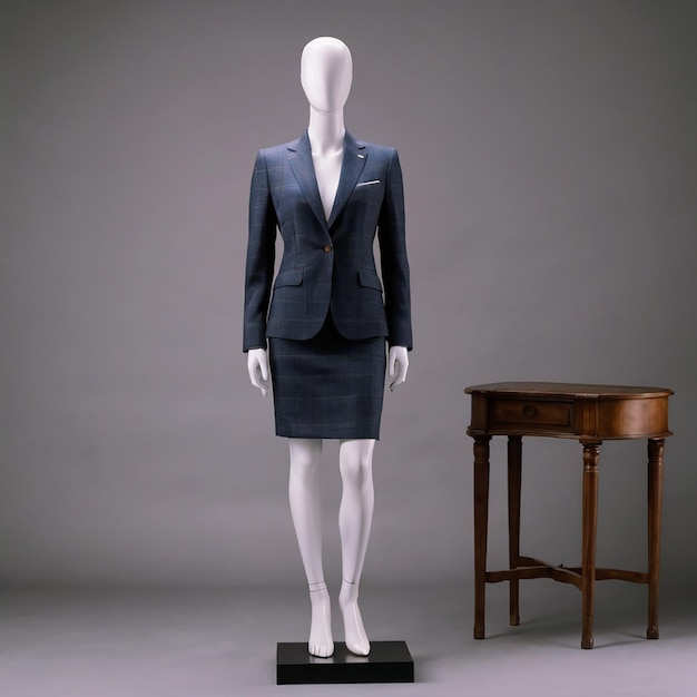 A mannequin stands wearing a womens suit and skirtno