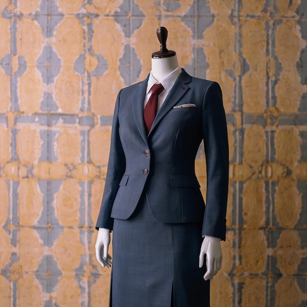 A mannequin stands wearing a womens suit and skirtno