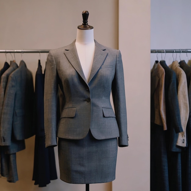 A mannequin stands wearing a womens suit and skirtno