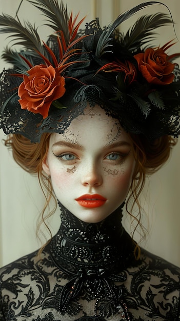 a mannequin wearing a black hat with red flowers on it