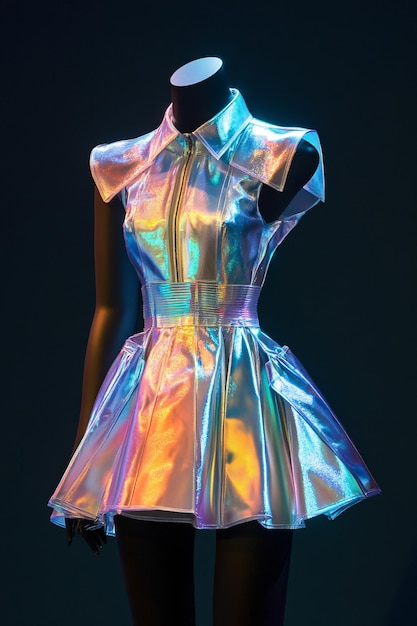 Photo mannequin wearing futuristic silver holographic dress