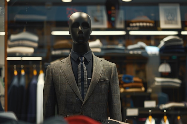 A mannequin wearing a suit and tie in a clothing store