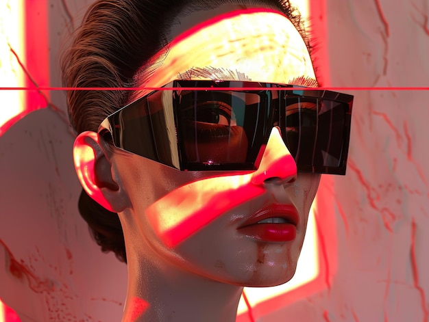 a mannequin wearing sunglasses with a red light behind her