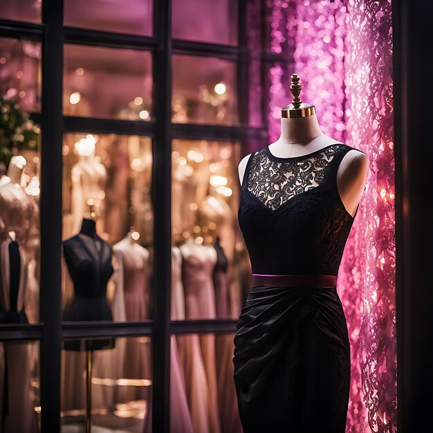 Photo a mannequin with a black dress on it is standing in front of a window with a dress on it