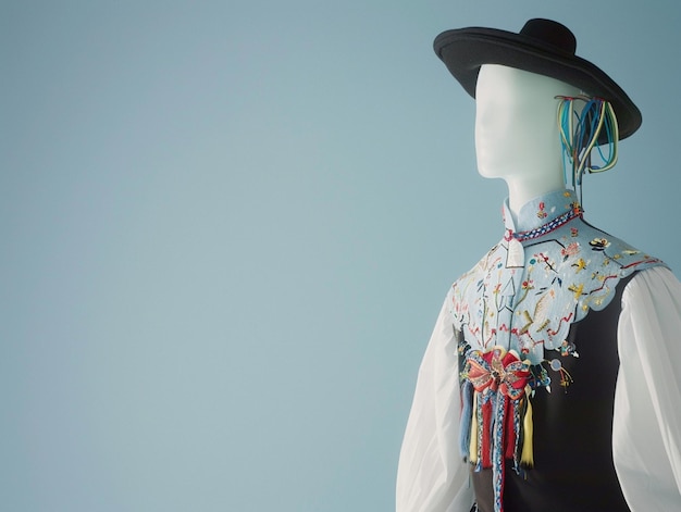 Photo a mannequin with a black hat and a black top with a floral pattern on it