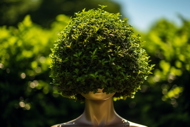 a mannequin with a bushy head in front of a tree