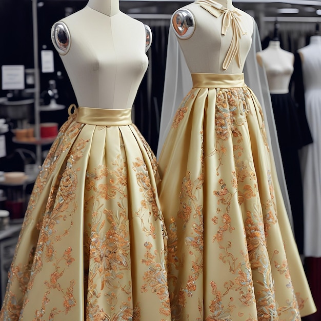 A mannequin with a gold and green dress with a floral pattern on it.