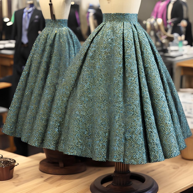 A mannequin with a green and blue skirt on a mannequin.