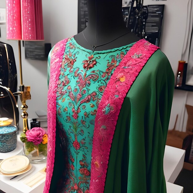 A mannequin with a green dress and pink flowers on the front.