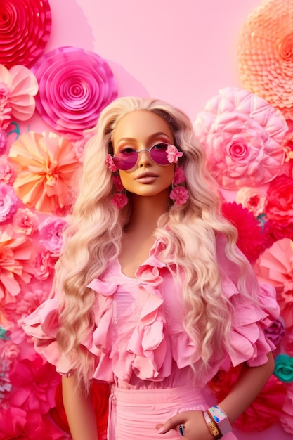 Mannequin with long blonde hair and pink sunglasses in front of pink flowers Generative AI