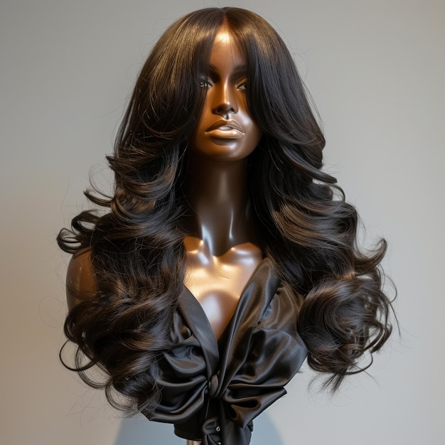 a mannequin with long hair and a black dress with a black bow on it