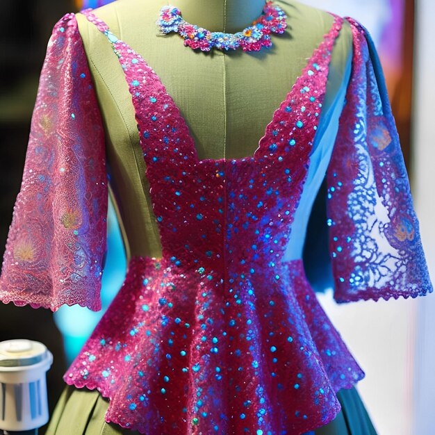 A mannequin with a pink and blue dress on display.